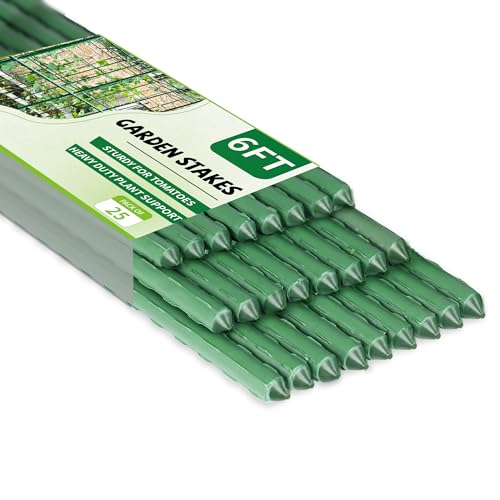 25 Pack Garden Stakes 6FT (72 Inch) Heavy Duty Steel Tomato Stakes with Plastic Coating Extra Tall Plant Support Stakes for Outdoor Climbing Plants Vegetables Vines & Garden Use