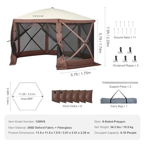 VEVOR Pop Up Gazebo Tent, Pop-Up Screen Tent 6 Sided Canopy Sun Shelter with 6 Removable Privacy Wind Cloths & Mesh Windows, 11.5x11.5FT Quick Set Screen Tent with Mosquito Netting, Brown - Image 7