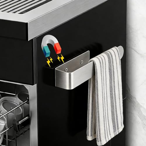 Magnetic Towel Holder Stainless Steel Towel Hanger with Two Strong Magnet Heavy Duty Magnet Towel Rack Wall Mount Organizer for Refrigerator Grill Garage RV Kitchen Bathroom Pantry Dishwasher.