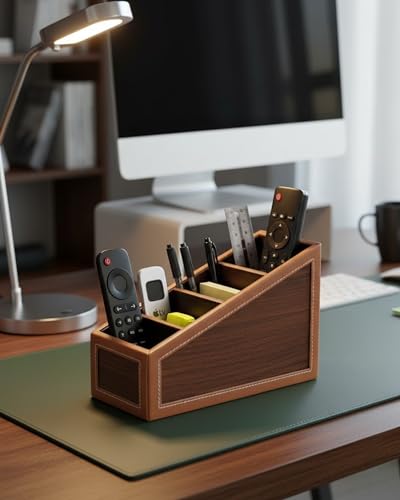 Image of Premsons Classic Remote Holder - 4 Section Tabletop Organizer in Light Brown | Faux Leather with Refined Wooden Finish | Decorative & Practical Organizer - Tan