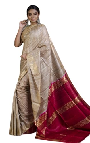 Pure Tussar Ghicha Silk Saree for Women, Beige with Magenta Border, Golden Zari, Handloom Plain Weave, with Ru