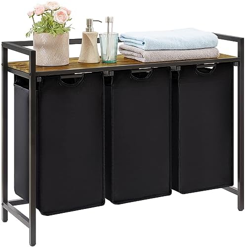 Lifewit 120L Wäschekorb mit 3 Fächern und Ablage, Schwarz | Wäschesammler mit 3 herausziehbaren Wäschesäcken und stabilem Regal für Waschküche, Badezimmer und Schlafzimmer
