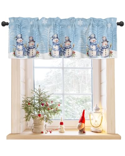 Christmas Valances for Kitchen Windows, Blue Winter Forest Snowman Xmas Tree Silhouette Rod Pocket Window Curtain for Bathroom Cafe Basement, Farmhouse Small Window Treatment, 42