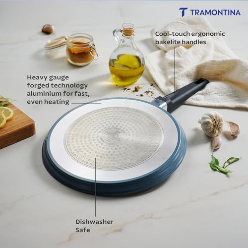 Image of TRAMONTINA Aura Dosa Tawa 28cm | Reinforced Ceramic Non-Stick Cookware | Quick & Even Heating | Low-Oil Cooking | Bakelite Handle | Induction & Gas Compatible | Blueberry