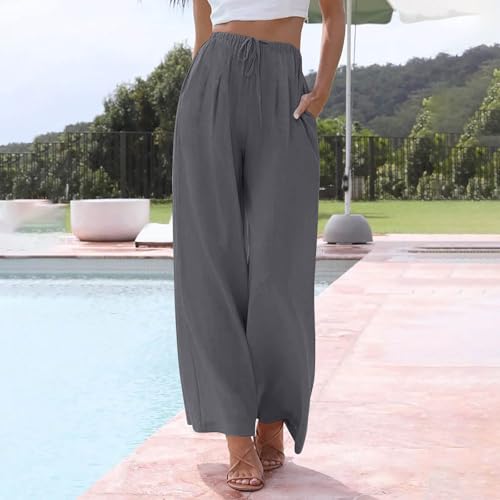 Summer Linen Pants Women Casual Drawstring Elastic Waist Palazzo Pants Flowy Boho Wide Leg Beach Trousers with Pockets2
