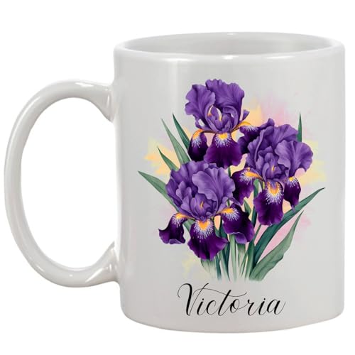 Personalized Iris Flower Mug with Name, Iris Coffee Mug Gifts for Grandma Mom Daughter, Iris Lover Ceramic Mug, Custom Iris Floral Mug Gift, Floral Cup, Customized Flower Lovers Tea Cup 11oz 15oz