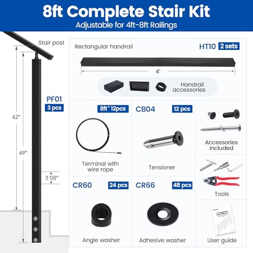 Muzata 4-8FT Upgraded Pre-Crimped Side Mount Black Complete Cable Railing Kit for Stairs 42 Inch Cable Railing System with Post Handrail Left & Right Universal Space-Saving Fascia Mount RC15
