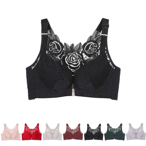 Floral Secrets Comfort Rose Bra,Reggiseno quotidiano in pizzo con chiusura frontale senza cuciture,Reggiseno da donna con chiusura frontale, Nero , 3A/B