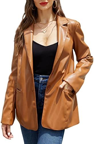 RISISSIDA Women's Blazers Faux Leather Blazer Jacket Women Vegan Leather Jacket for Spring and Fall, Casual Pleather Coat Lapel Button Down Brown 21002 X-L