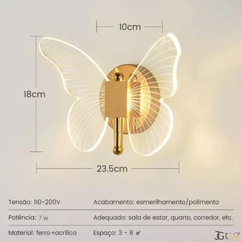 Luminária Arandela Dourada Borboleta Led 7w Parede 3 Cores