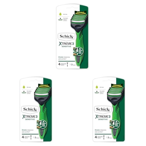 Schick - Xtreme 3 Sensitive for Men | Disposable Razors| 12 Pack | With Aloe| Flex Blades Adapts to Contours | 3 Blade Cartridge