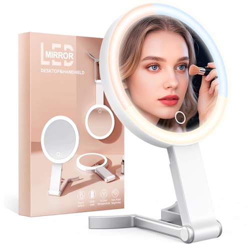 HUNCAB Travel Makeup Mirror with Lights, 15X/1X Double Sided Travel Magnifying Mirror, Portable Beauty LED Mirror, 3 in 1 Tabletop/Handheld/Hanging, 3 Color Lighting, Dimmable Touch, Gifts for Women