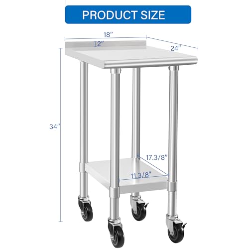 Image of HARDURA Stainless Steel Commercial Work Table with Wheels Prep & Work Metal Table 24x18 Inches Heavy Duty NSF with Casters and 2 inch Backsplash