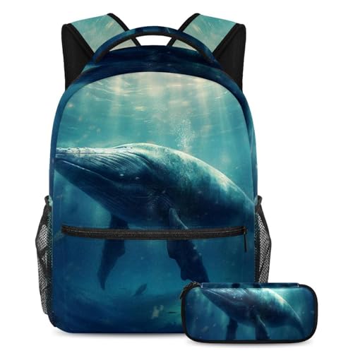 Cartable baleine océan bleu grand sac à dos avec trousse pour l'école