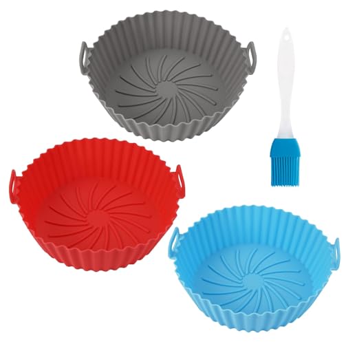 3 Pieces Reusable Silicone Air Fryer Liners, 5.3 Inch/13.5cm Round Silicone Air Fryer Liner,Airfryer Baskets, BPA Free Non-Stick Silicones Trays with Oil Brush,for Oven,Microwave,AirFryer