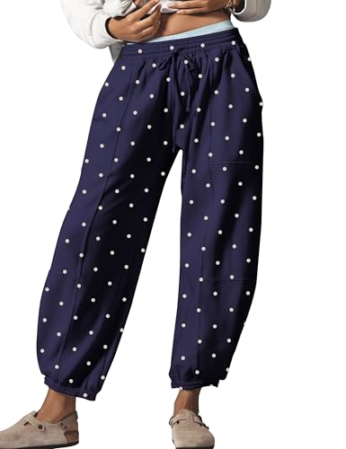 Anoumcy Womens Polka Dot Sweatpants Casual Joggers Pant Trousers Drawstring Waist Lounge Pants with Pockets Navy Blue L