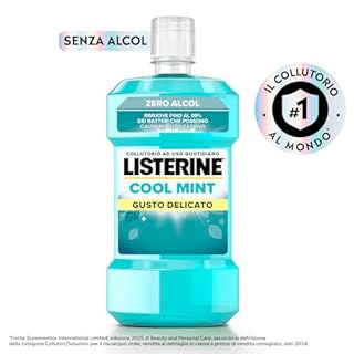 LISTERINE Cool Mint, Collutorio 0% alcol al gusto Menta a base di Oli Essenziali Antibatterici di Menta, Timo, Betulla, Collutorio Listerine senza alcool per un'igiene orale completa, 500 ml