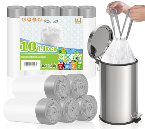 XIQIYY Sacs Poubelle 10L avec Liens Coulissants, 75 Pièces Sacs à Ordures Blancs Résistants, Anti-Déchirure et Anti-Fuite, Faciles à Utiliser, Sac Poubelle pour Salle de Bain, Cuisine, Bureau