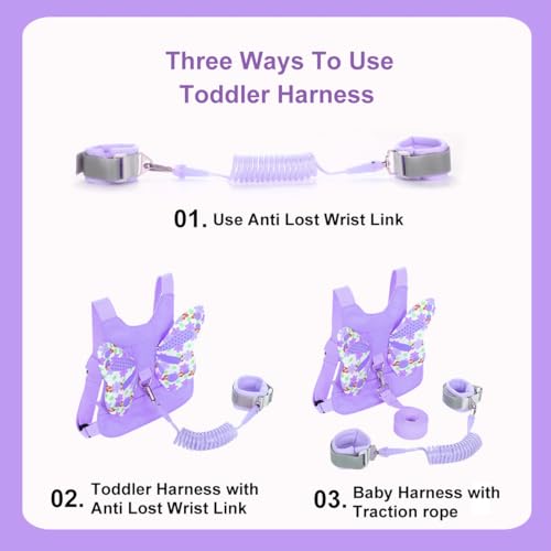 MTOMUYA Anti Lost Toddler Harness - Butterfly Baby Leash and Wrist Link with Lock, Child walking Harness Assistant for Girls, Cute Traction Safety Leash for Kids, Holiday Travel Christmas Gift, Purple