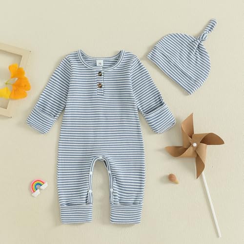pengnight Newborn Baby Boys Girls Clothes Long Sleeve Ribbed Knit Striped Romper Bodysuit Jumpsuit Hat Coming Home Outfit3