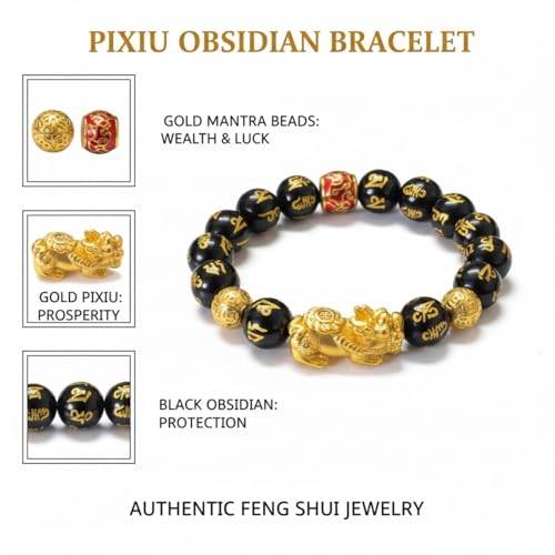 JZJZTXT Black Obsidian Pi Xiu Guardian Bracelet - Spiritual Intention Practice Set for Men Women - 12MM Tiger Eye Hematite Beaded Guardian with Daily Wish Pouch & Focus Sticker — view 3