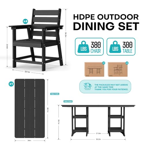 Image of 5-Piece Dining Set, HDPE Table & 4 Chairs, Black | HDPE Dining Set: 69.1 inch Table + 4 Chairs,380 lbs,304 Stainless,All-Weather,No Rust No Crack,Outdoor Patio Garden