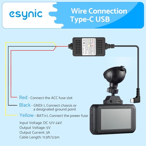 eSynic 3 Wire Dash Cam Hardwire Kit 11.5ft/3.5M USB C Car Camera HardWire Kit 12V-24V to 5V Dashcam Hard Wiring Kit Support ACC mode & Low Voltage Protection With 4 Type Fuse for Dash Camera GPS etc.