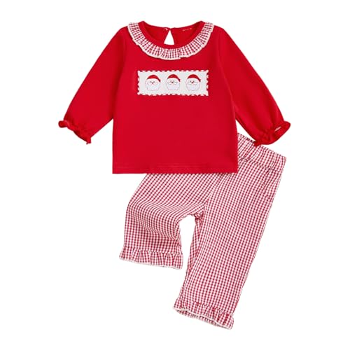 Karuedoo Toddler Baby Girl Christmas Outfit Santa Embroidery Smocked Long Sleeve Ruffle Shirt Top Plaid Pants Set (A-Red 2-3T)
