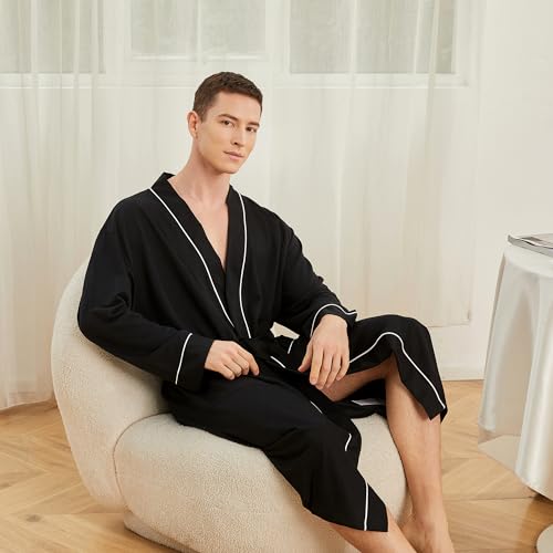 Image of Mens Lightweight Robe, Knit Kimono Bathrobe Spa Sleepwear Soft Knee Length Robe With Pockets