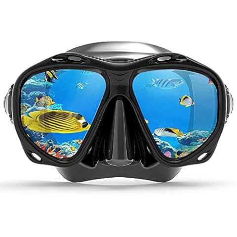 Diving Mask - Snorkel Mask, Scuba Diving Goggles with 180 Degree View and Tempered Glass - Anti-Fog Swimming Snorkel Mask with Nose Cover - Scuba Dive Swim Snorkeling Goggles, Black Cover