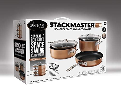 Amazon Com Gotham Steel Stackable Pots And Pans Set Stackmaster 5 Piece Cookware Set With Ultra Nonstick Cast Texture Ceramic Coating Saves 30 Space Sauce Pans Stock Pots Skillets More Dishwasher