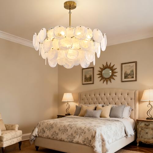 Large Gold Modern Glass Chandelier, 31.5-inch Round Adjustable Height Hanging Light Fixtures with Cloud Glass Shade, Luxury Hanging Fixture for Living Room, Foyer, Bedroom, E12 Base Crystal Lighting by Giawosth - Used condition - Image 9