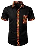 LucMatton Men's Kente Print Short-Sleeve Button-Down Dress-Shirt African Attire Tribal Graphic Dashiki Shirts Black Large