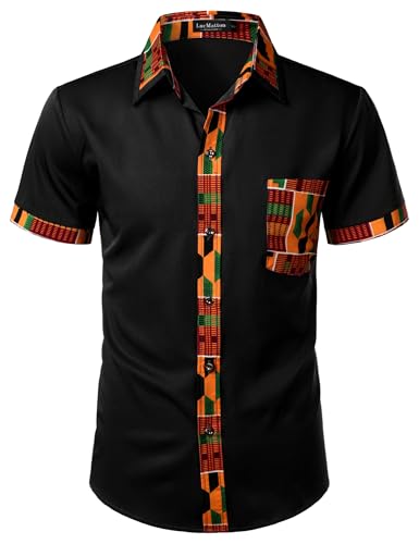 LucMatton Mens Kente Print Short-Sleeve Button-Down Dress-Shirt African Attire Tribal Graphic Dashiki Shirts Black Large
