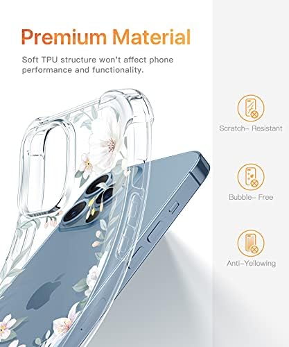 GVIEWIN Compatible with iPhone 13 Pro Case 6.1" 2021, with Tempered Glass Screen Protector + Camera Lens Protector, Flower Clear TPU Slim Bumper Shockproof Protective Soft Phone Cover, Magnolia/White