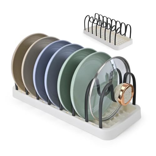Clove Organizador Platos Cajón Cocina, Organizador de Platos Armario Plástico sin BPA, Ajustable Soporte Platos Vertical 7 Compartimentos, Bandeja Escurreplatos Seca Platos Escurridor Blanco Negro