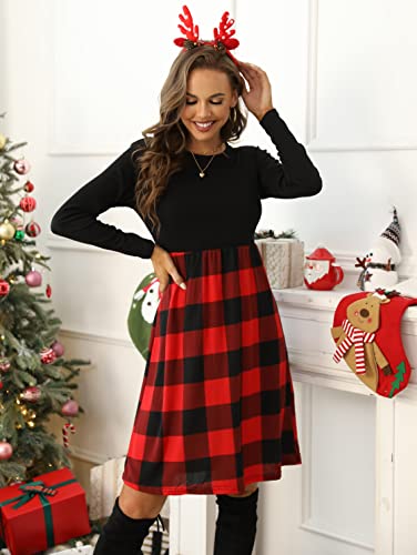 Palinda Women's Plaid Long Sleeve Empire Waist Pleated Loose Swing Casual Flare Midi Dress With Belt Christmas Red(S,Red,5616) #TOP3