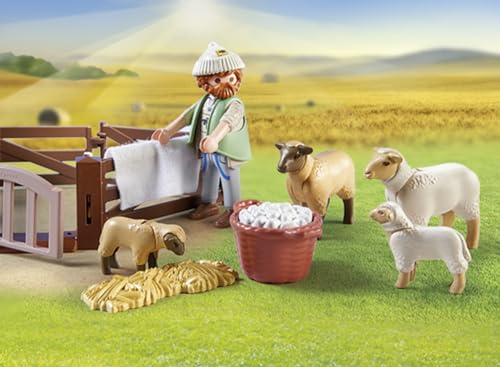 PLAYMOBIL Country 71444 Junger Schäfer mit Schafen, Hüten und Pflegen der Schafe mithilfe des Bordercollies, mit Zubehör wie Haartrimmer und Strohballen, nachhaltiges Spielzeug für Kinder ab 4 Jahren