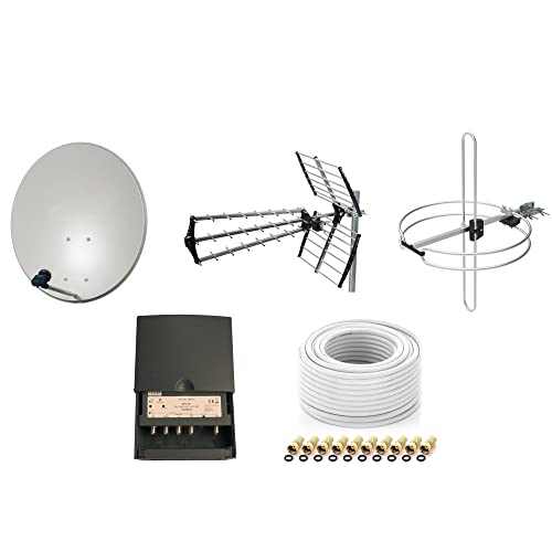 Kit Parabole Sat 80 cm Acier + Antenne TNT Trinappe 18dB + Antenne Omni Dab FM + Coupleur TER & Sat 4 Entrées, FM, Dab-VHF, UHF, Sat + LNB Single 0,1dB + Câble Coaxial Satellite 20m + 10 Fiches F Or