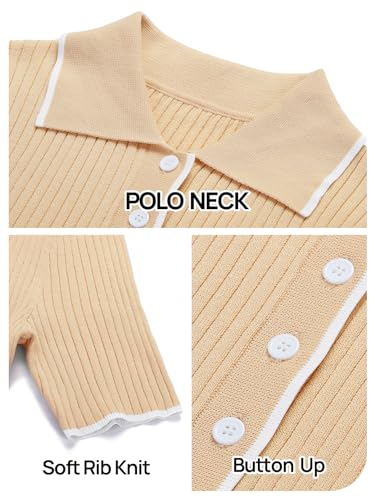 MEROKEETY Women's V Neck Ribbed Knit Midi Dress Short Sleeve Button Elegant Bodycon Sweater Dresses, Apricot, Large