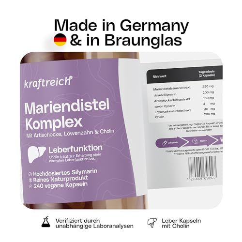 Leber Komplex – mit Mariendistel (80% Silymarin), Artischocke, Löwenzahn & Cholin – 240 Kapseln – hochdosiert, ohne Zusätze, im Apothekerglas, laborgeprüft, in Deutschland produziert – kraftreich®
