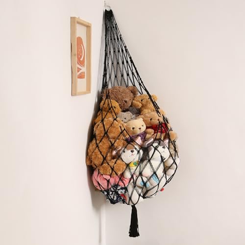 Image of Amdermi Stuffed Animal Hammock Corner Hanging Net for Stuffy Animal Storage Macrame Toy Display Plushie Toy Holder-Perfect for The Tiny Space Walls, Kid Bedroom Decor Playroom Organizer (Black XL)