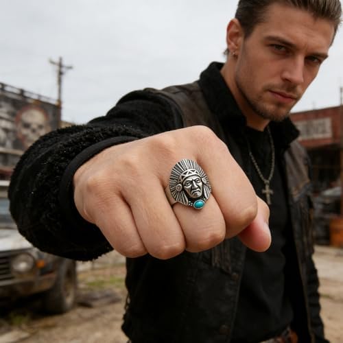 HZMAN Indian Chief Head Ring for Men Boys Stainless Steel Vintage