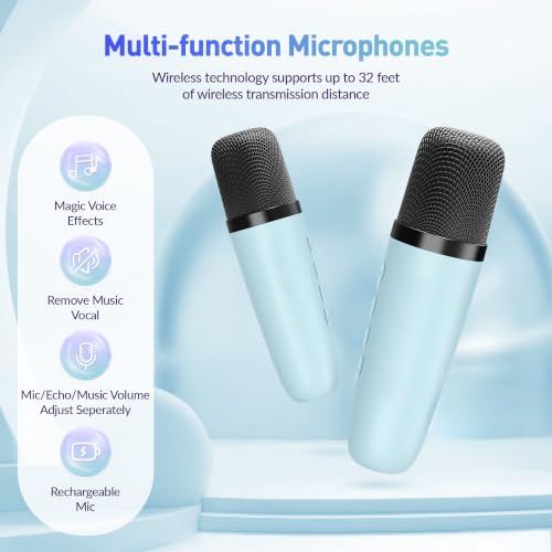 Image of Karaoke Machine, Portable Bluetooth Speaker with 2 Wireless Microphones for Kids, Karaoke Toys Gifts Toys for Girls Boys Family Home Party (Blue)