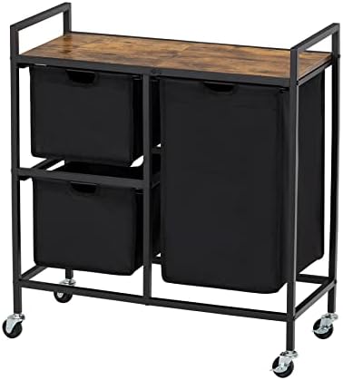 DAELIFKER Laundry Hamper 3 Section with Wheels, Shelf, Metal Frame and Removable Bag, Rolling Laundry Basket Organizer, Laundry Sorter Cart, Clothes Hamper for Laundry Room Organization (Black, 88L)