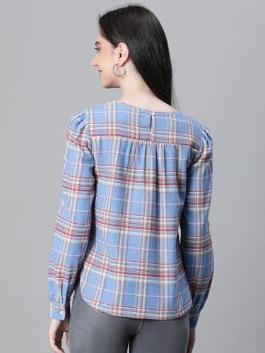 Image of oxolloxo Women Cotton Casual Tops | Regular Fit Checked Checked Round Neck |Regular Tops for Women |Navy Blue