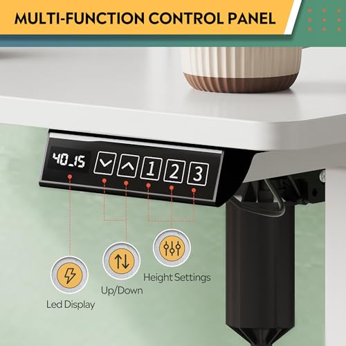 Image of DEVAISE 48 Inch Electric Standing Desk with Shelf, Adjustable Computer Desk for Home Office, with LED Touchscreen,Headphone Hook, 3 Memory Preset, with One-Piece Desktop, White