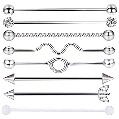DERALA 8PCS Stainless Steel Long Industrial Barbell Cartilage Earring Body Piercing Jewelry for Women Men 38mm, Metal, cubic-zirconia Cover
