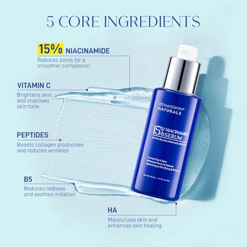 Enaskin Naturals Niacinamide Serum 15% for Face – Dark Spot Corrector, Pore Minimizer, Oil & Blemish Control, Brightening & Hydrating with Vitamin C, B5, Peptides & Hyaluronic Acid – 1.7 Fl Oz