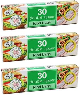 Tidyz Double Zipper Plastic Zip Seal Food & Freezer Large Storage Bags, Ultimate Strength, Resealable, 90 Count, Clear, Plastic with Zipper Closure